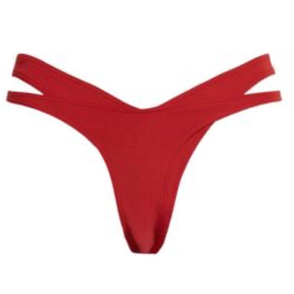 MUGLER Double Strap Thong Bikini Bottoms in Dark Red
